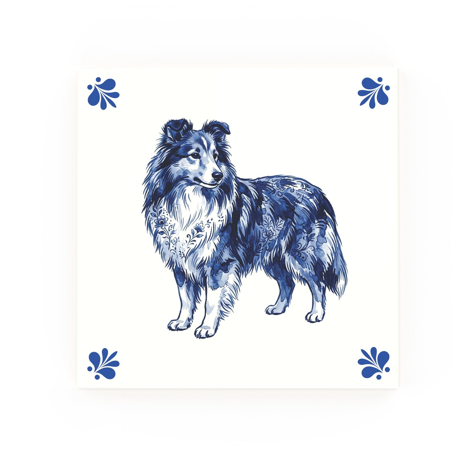 Shetland Sheepdog Delft blue decorative ceramic tile – Modern corner style
