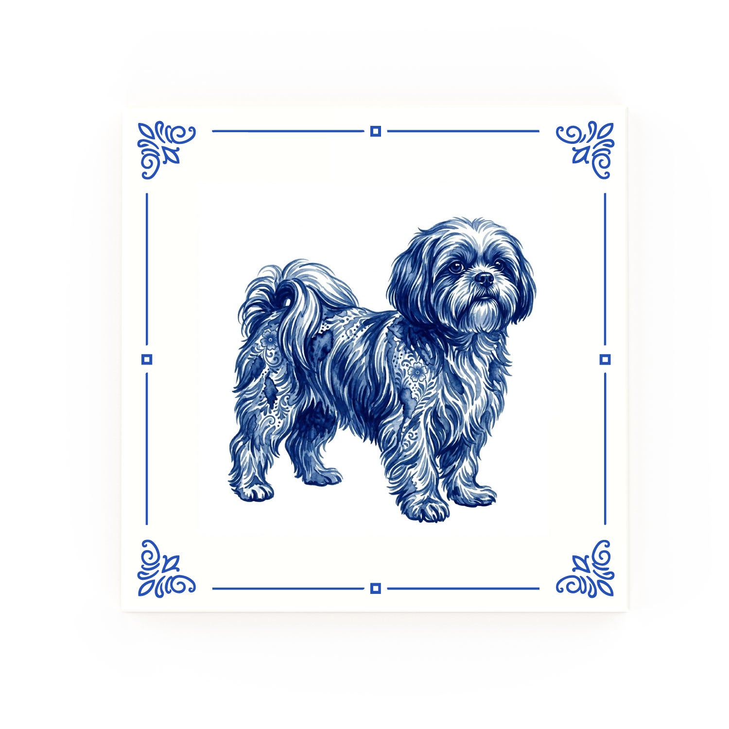 Shih Tzu Delft blue decorative ceramic tile – Classic corner style