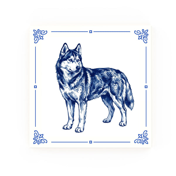 Siberian Husky Delft blue decorative ceramic tile – Classic corner style