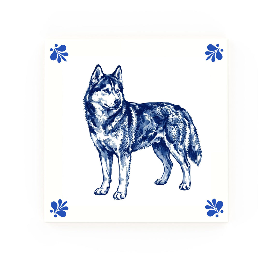 Siberian Husky Delft blue decorative ceramic tile – Modern corner style