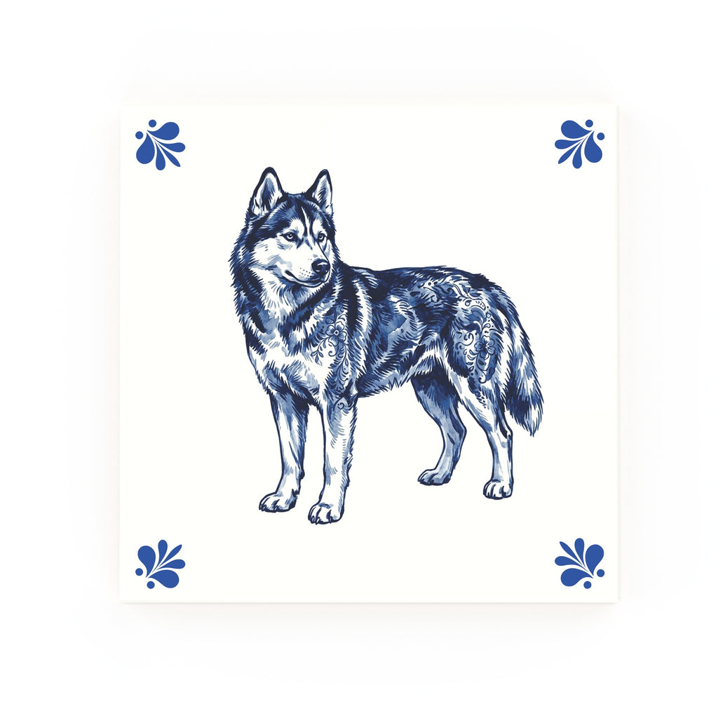 Siberian Husky Delft blue decorative ceramic tile – Modern corner style