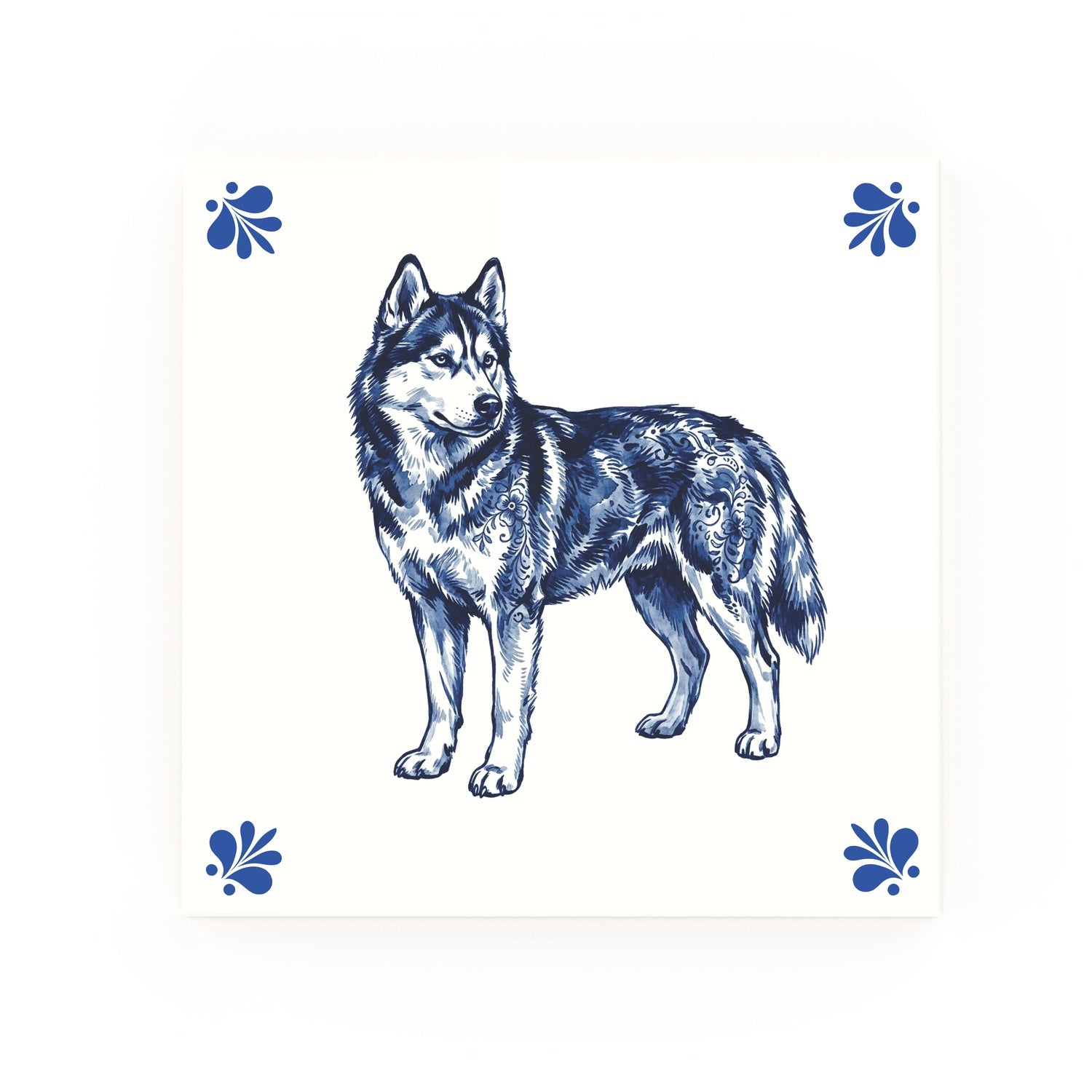 Siberian Husky Delft blue decorative ceramic tile – Modern corner style