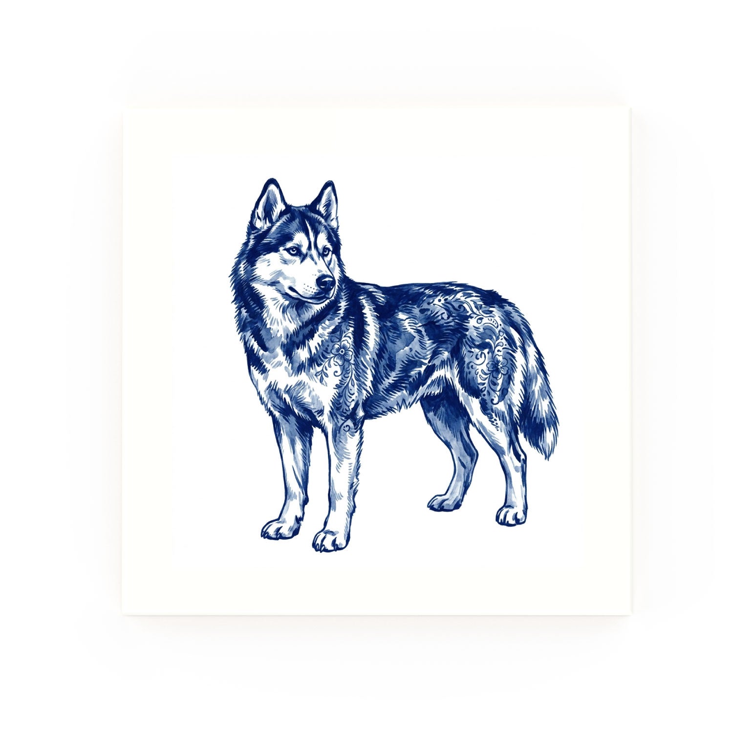 Siberian Husky Delft blue decorative ceramic tile – no corner style