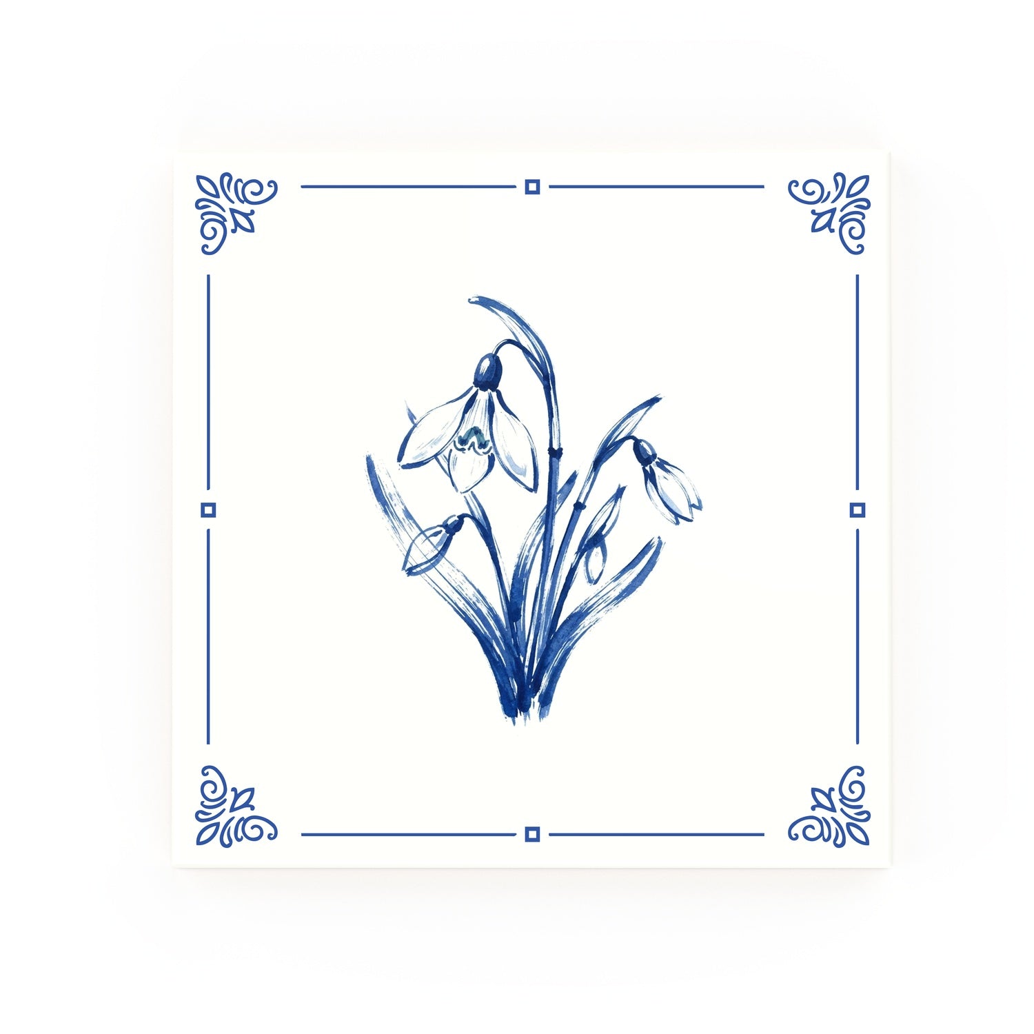 Snowdrops Delft blue decorative ceramic tile – Classic corner style