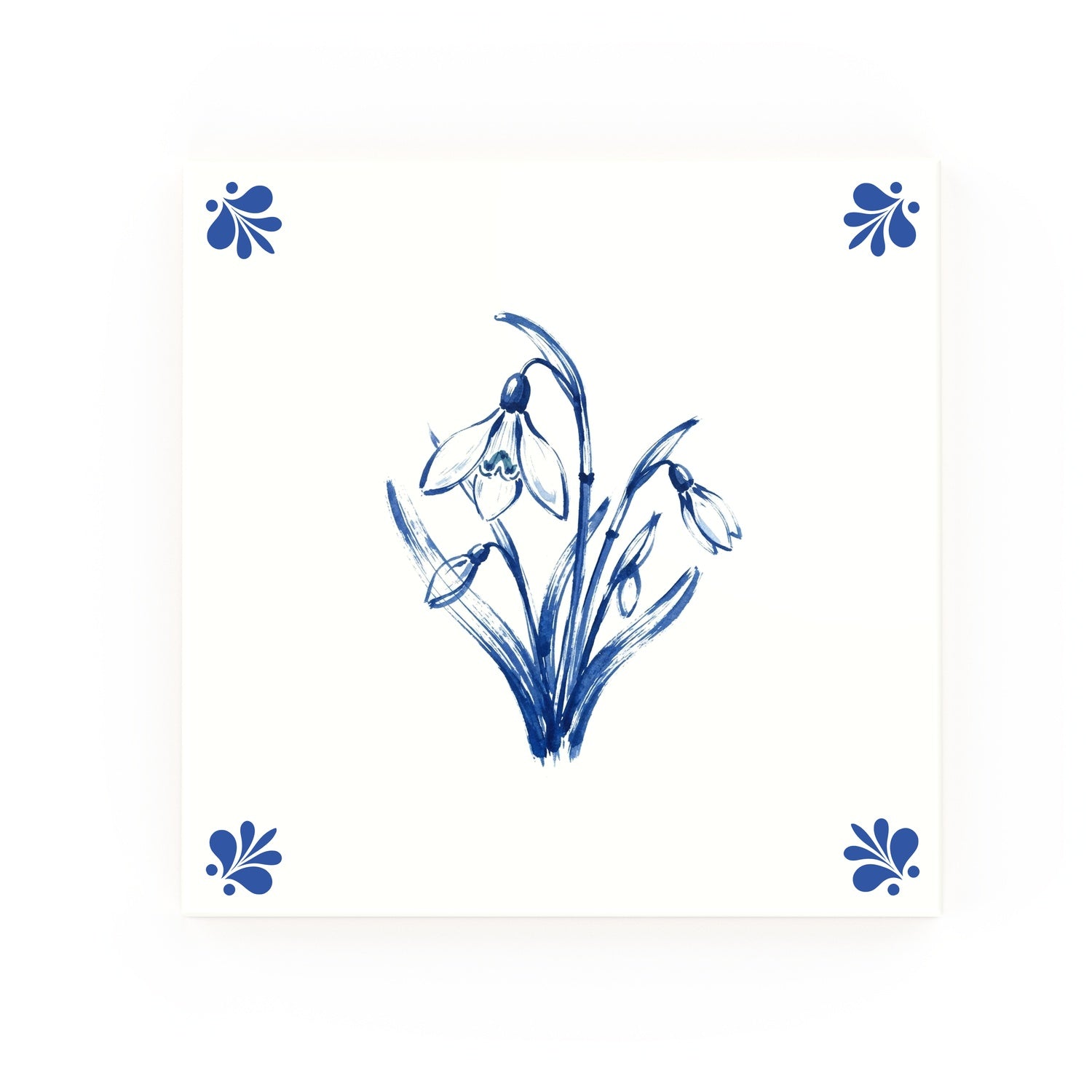 Snowdrops Delft blue decorative ceramic tile – Modern corner style