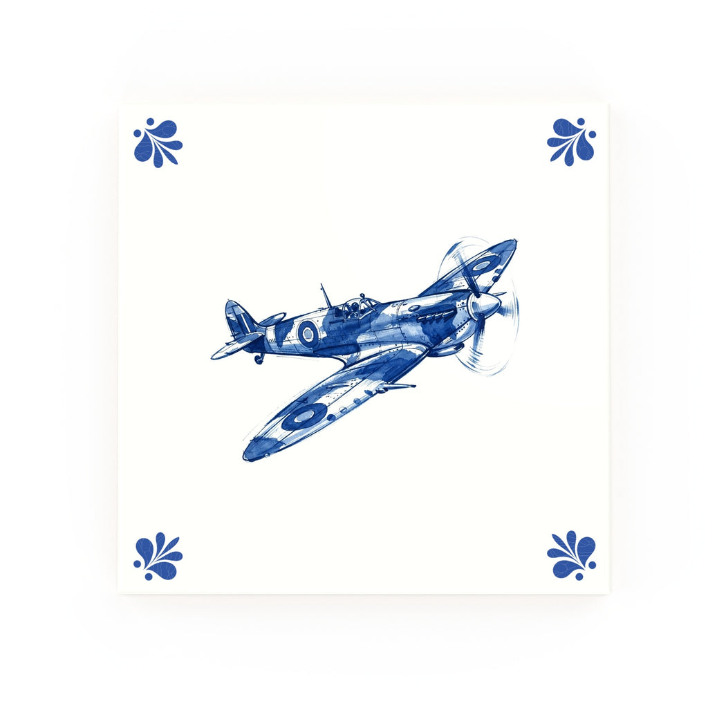Spitfire Airplane Delft blue decorative ceramic tile – Modern corner style