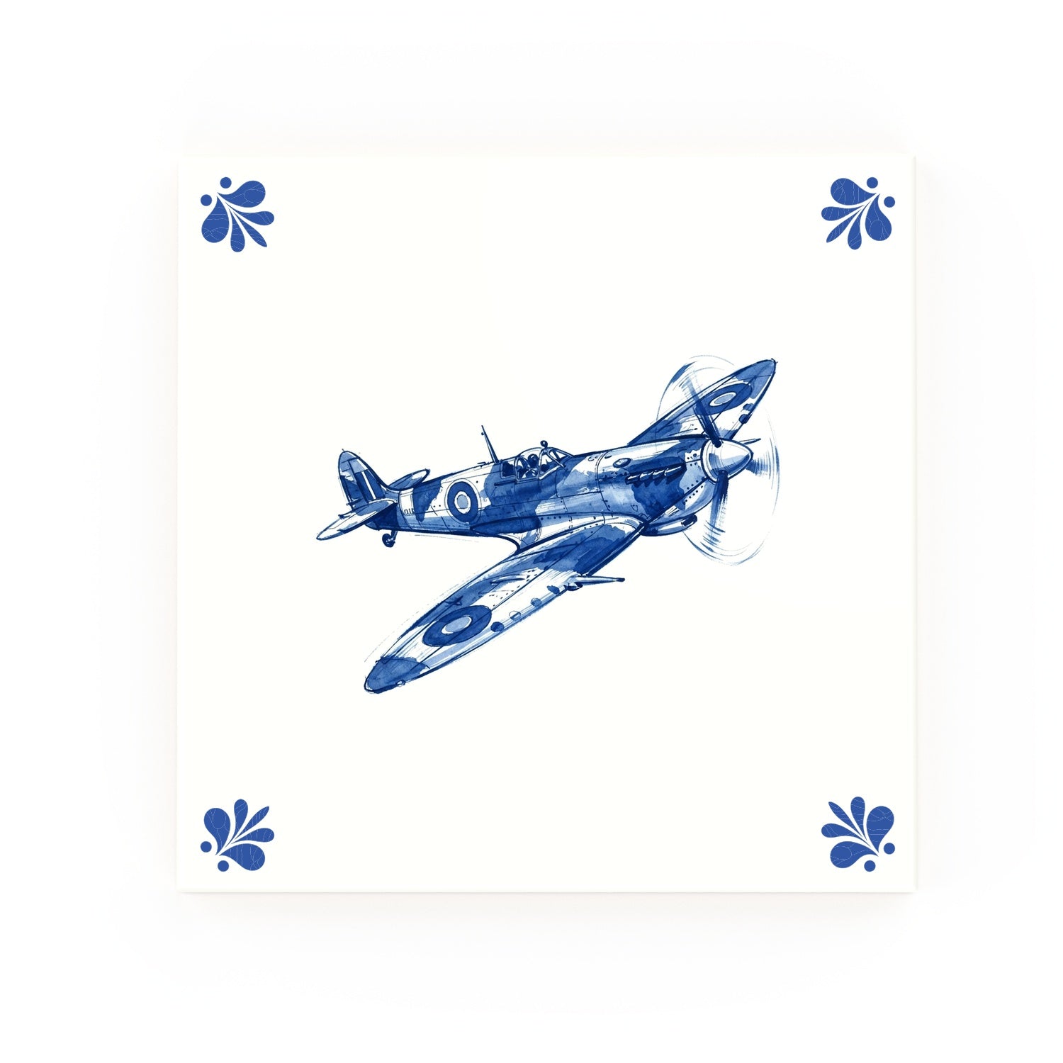 Spitfire Airplane Delft blue decorative ceramic tile – Modern corner style