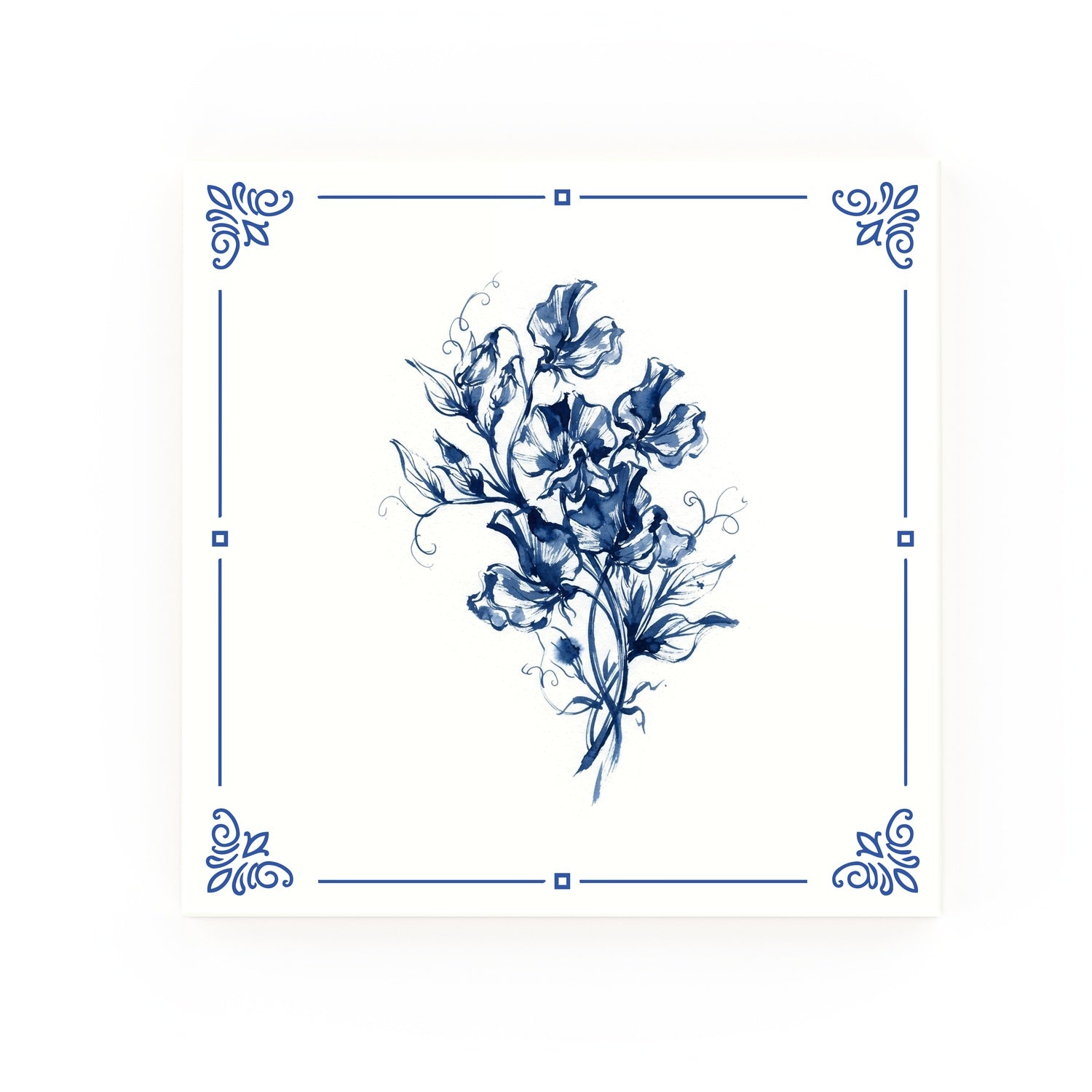Sweet Pea Delft blue decorative ceramic tile – Classic corner style