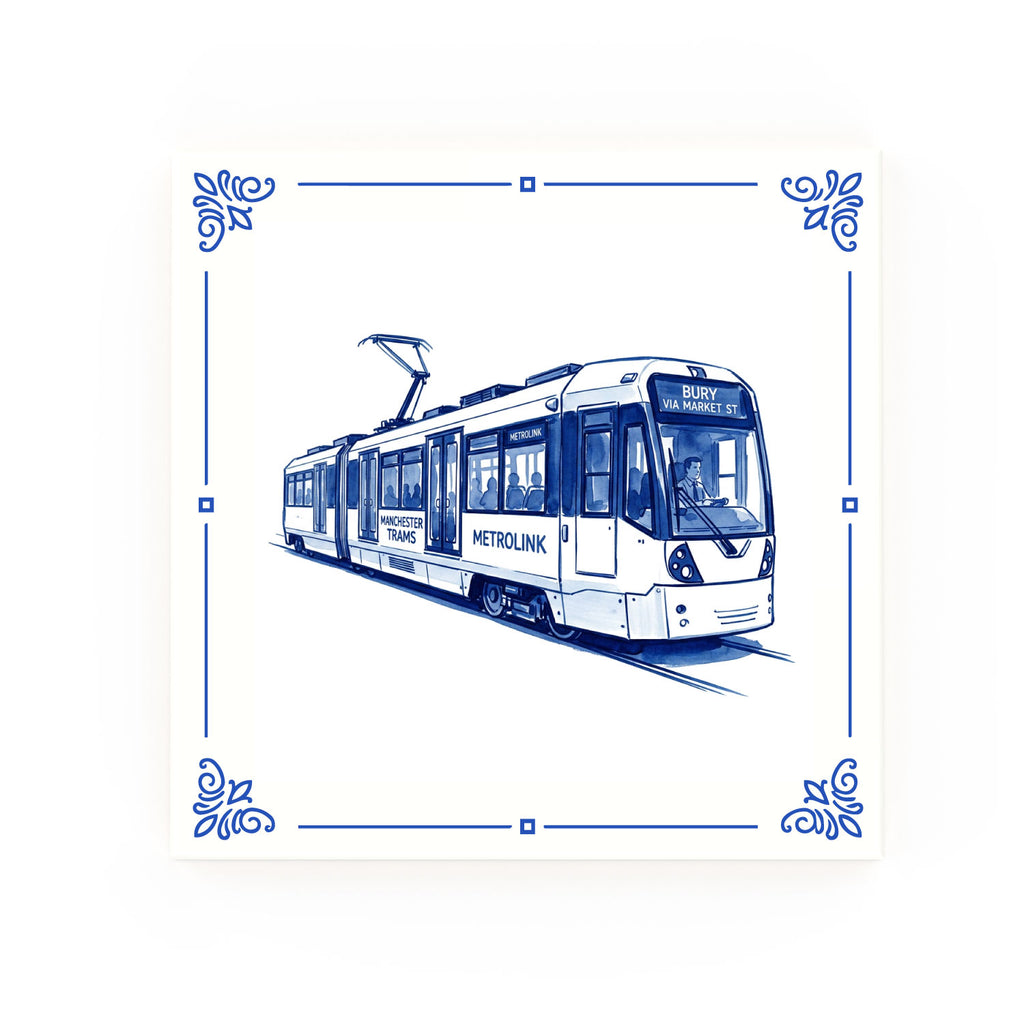 Tram Delft blue decorative ceramic tile – Classic corner style