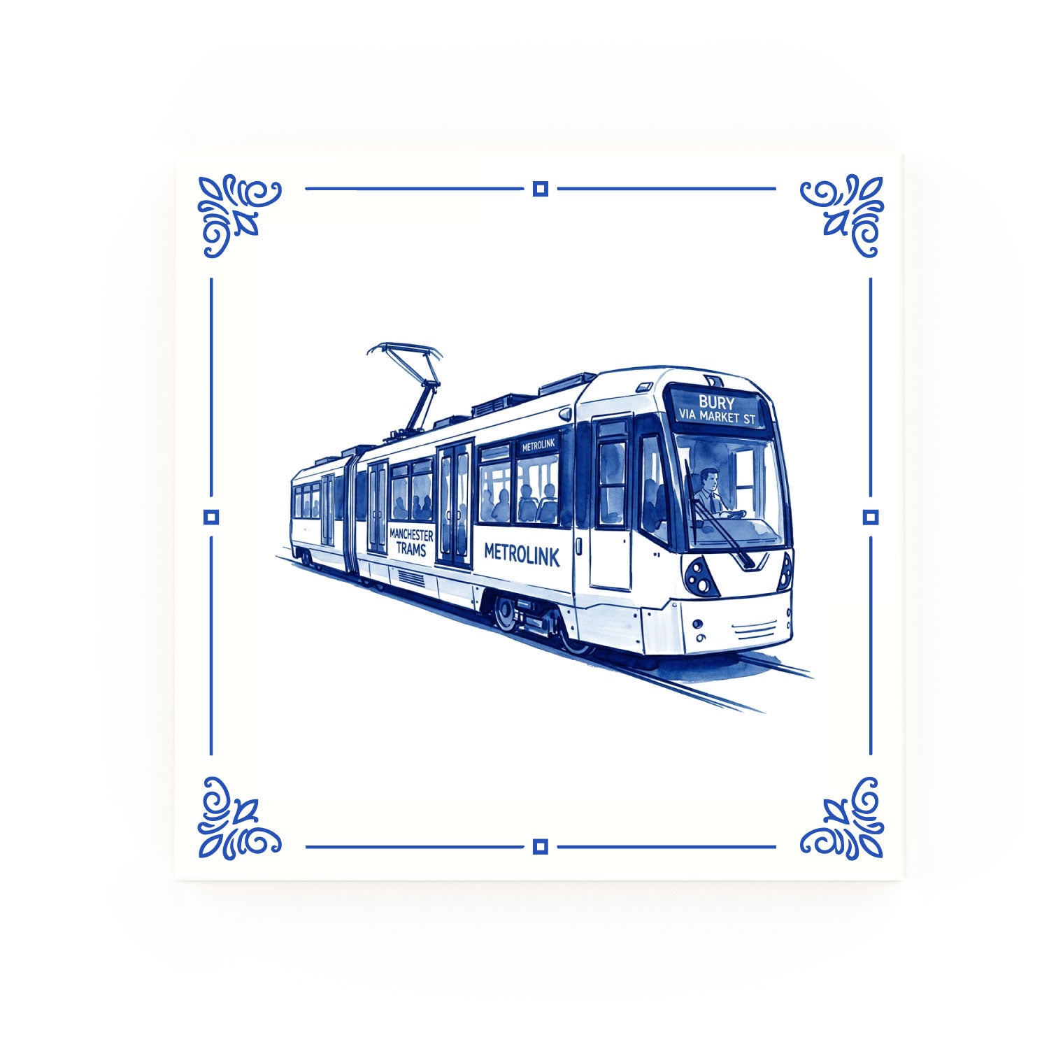 Tram Delft blue decorative ceramic tile – Classic corner style