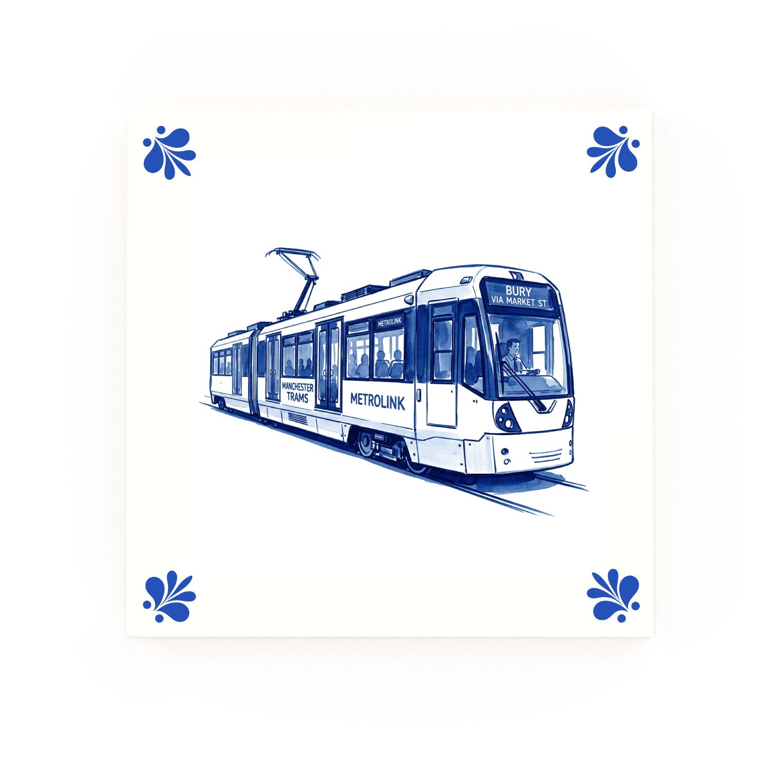 Tram Delft blue decorative ceramic tile – Modern corner style