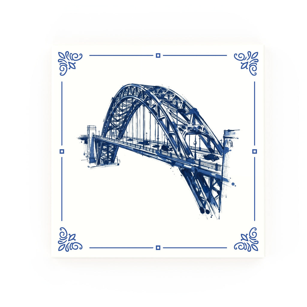 Tyne Bridge Delft blue decorative ceramic tile – Classic corner style