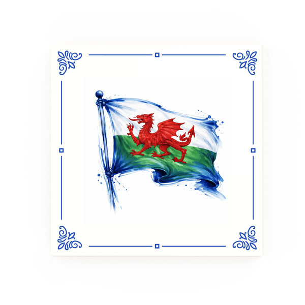 Wales Flag Delft blue decorative ceramic tile – classic corners