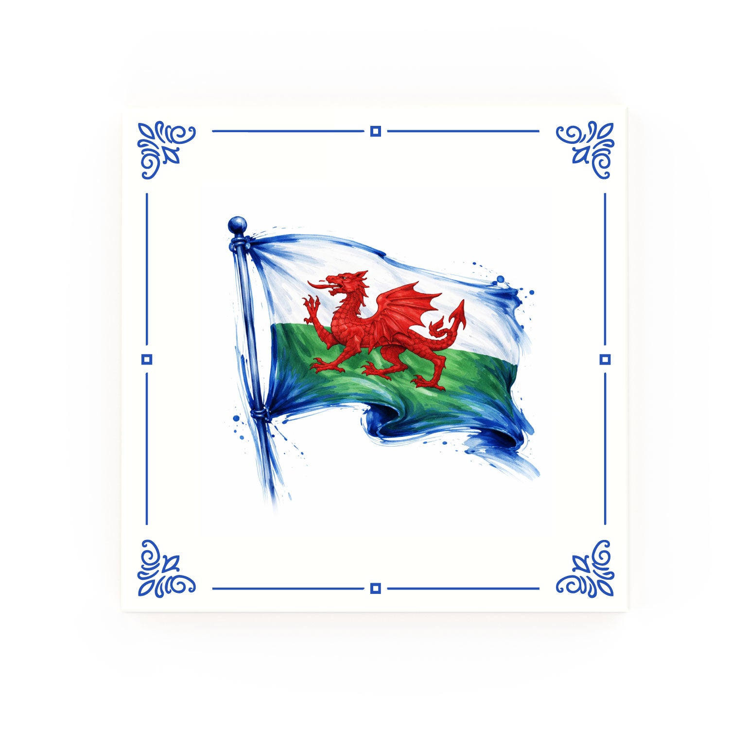 Wales Flag Delft blue decorative ceramic tile – classic corners