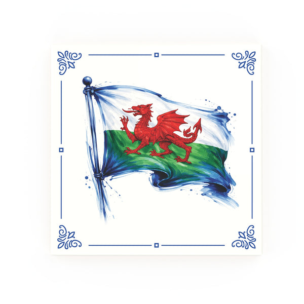Wales Flag Delft blue decorative ceramic tile – classic corners