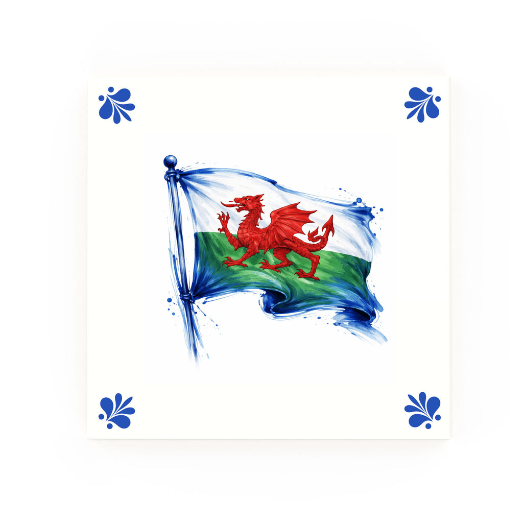 Wales Flag Delft blue tile – modern rounded corners
