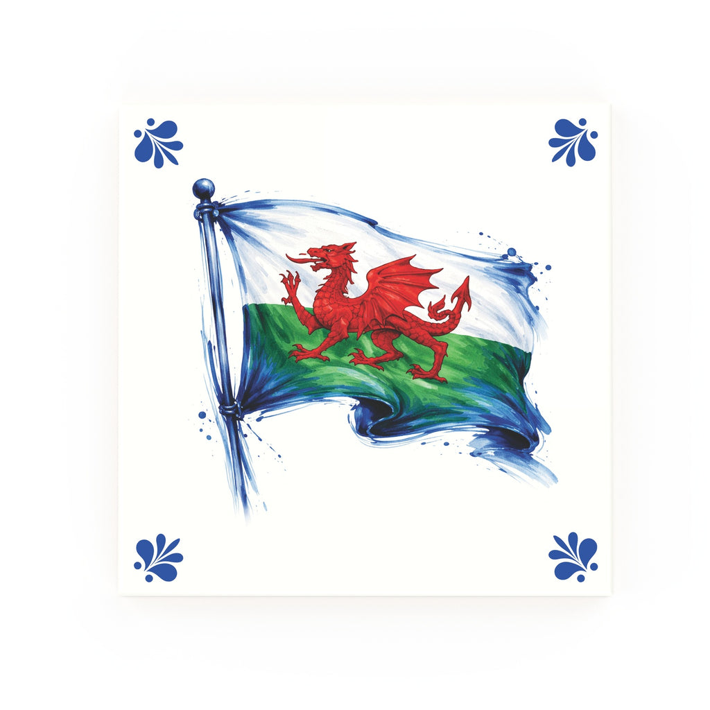 Wales Flag Delft blue tile – modern rounded corners