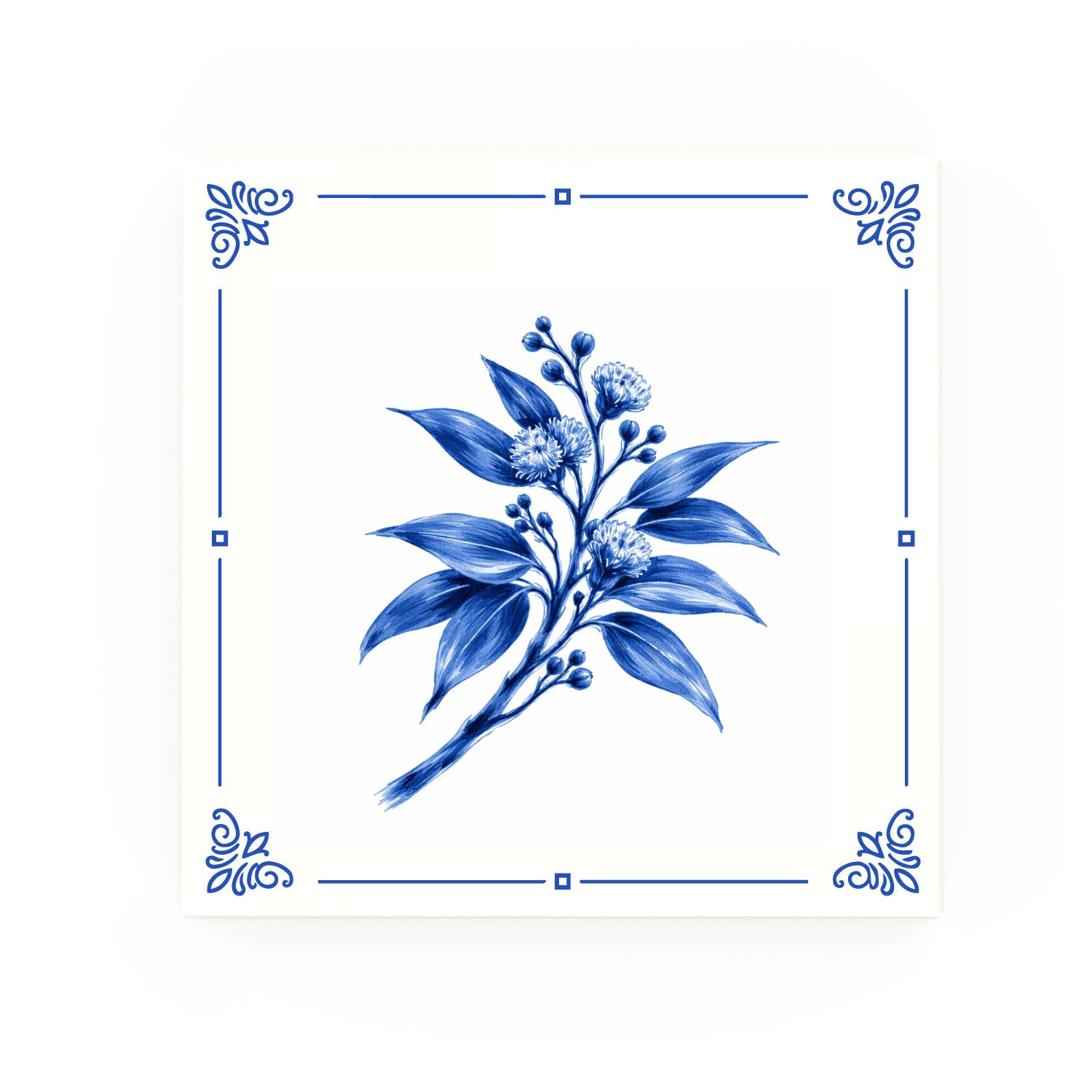Wild Eucalyptus Delft blue decorative ceramic tile – Classic corner style