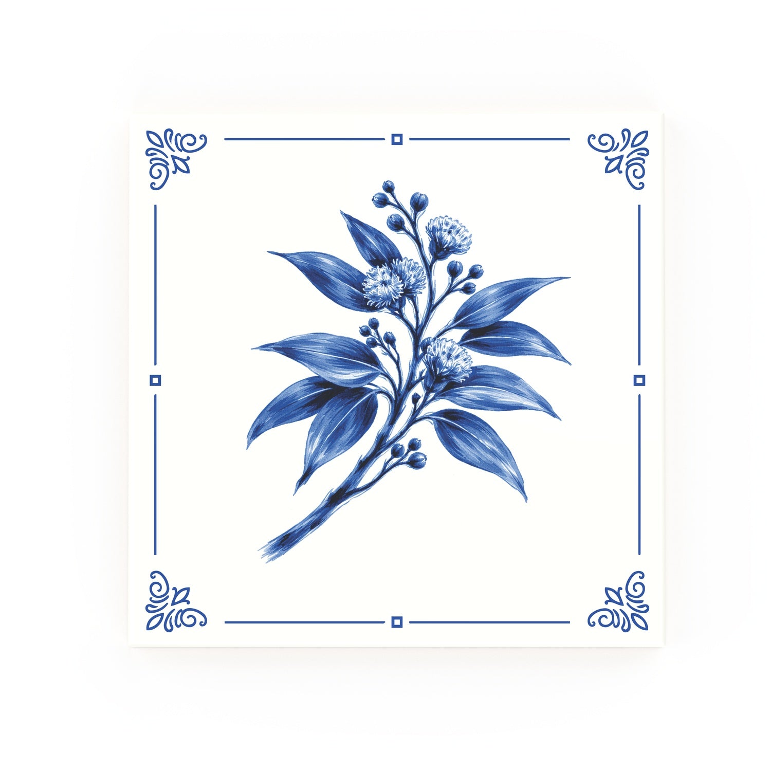 Wild Eucalyptus Delft blue decorative ceramic tile – Classic corner style