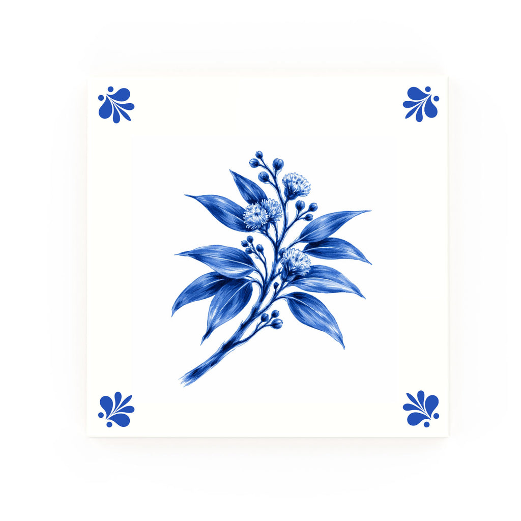 Wild Eucalyptus Delft blue decorative ceramic tile – Modern corner style