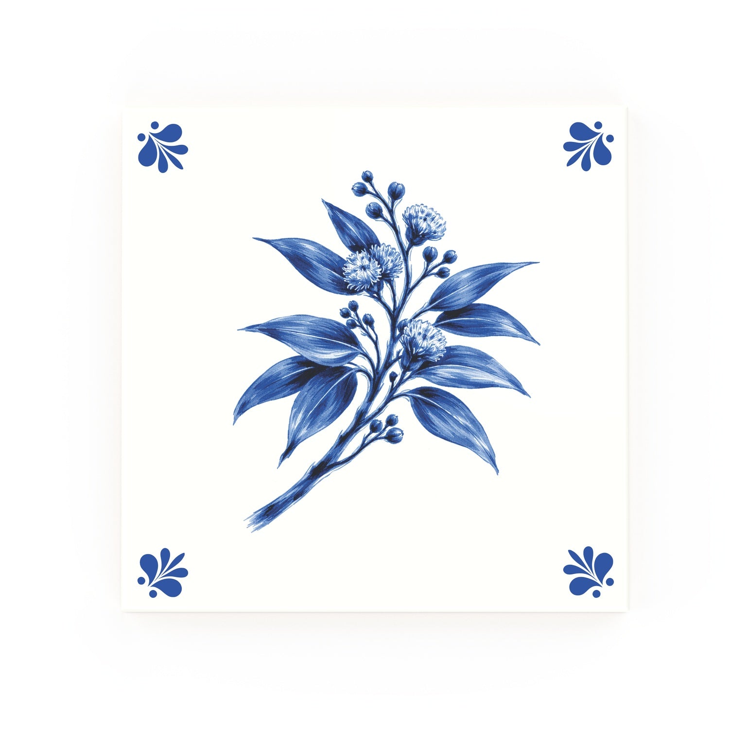 Wild Eucalyptus Delft blue decorative ceramic tile – Modern corner style