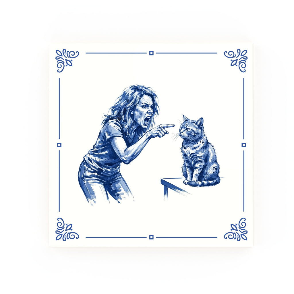 Woman Yelling at Cat Delft blue decorative ceramic tile – Classic corner style