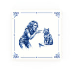 Woman Yelling at Cat Delft blue decorative ceramic tile – Classic corner style