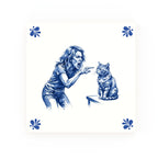 Woman Yelling at Cat Delft blue decorative ceramic tile – Modern corner style