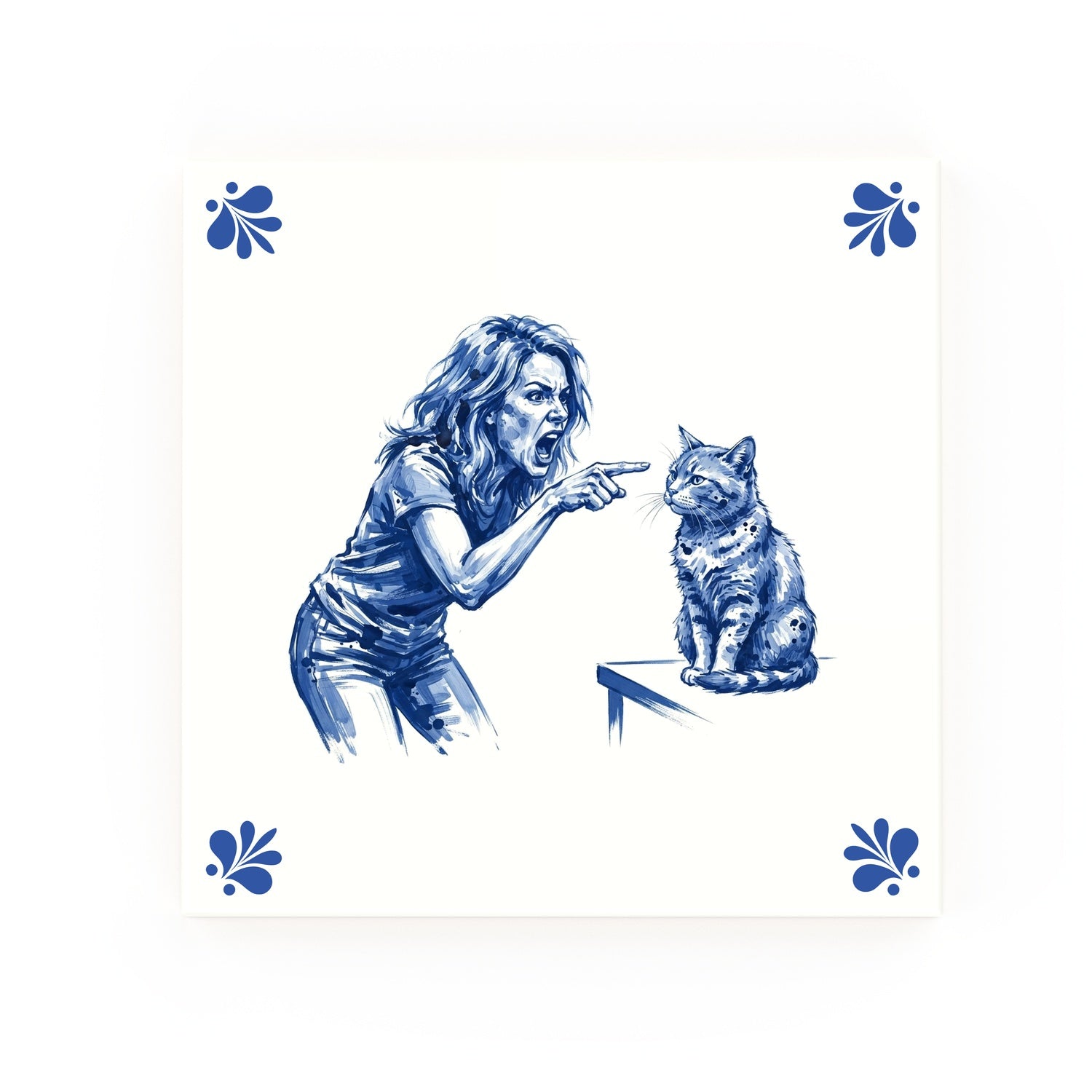 Woman Yelling at Cat Delft blue decorative ceramic tile – Modern corner style