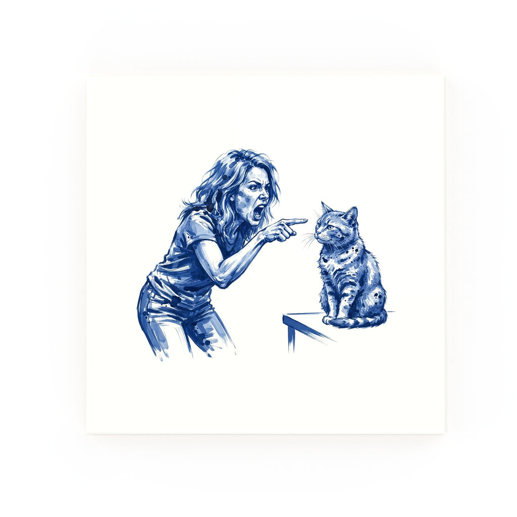 Woman Yelling at Cat Delft blue decorative ceramic tile – no corner style