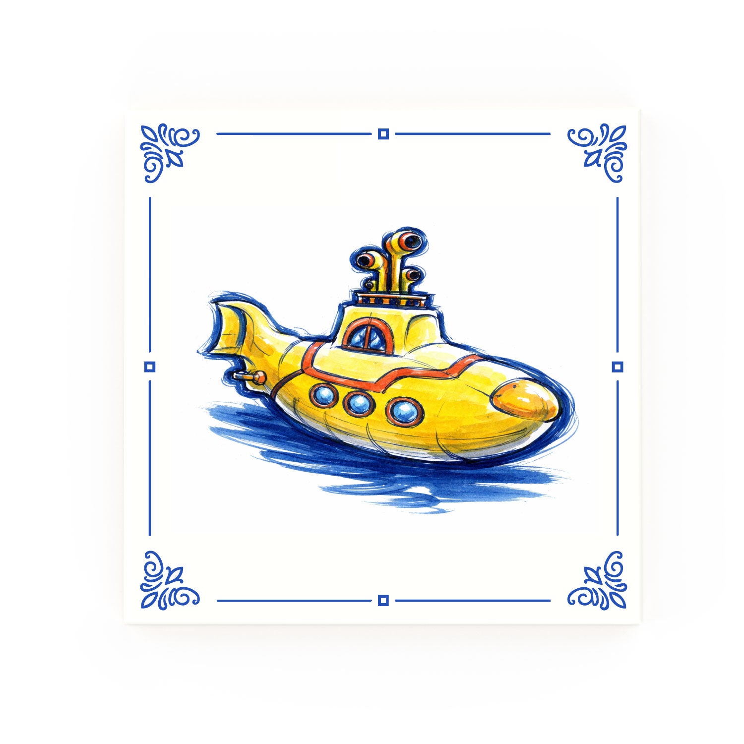 Yellow Submarine decorative Delft blue ceramic tile – Classic corners