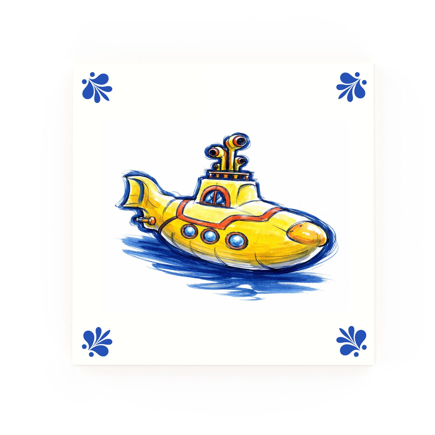 Yellow Submarine decorative Delft blue ceramic tile – Modern corners