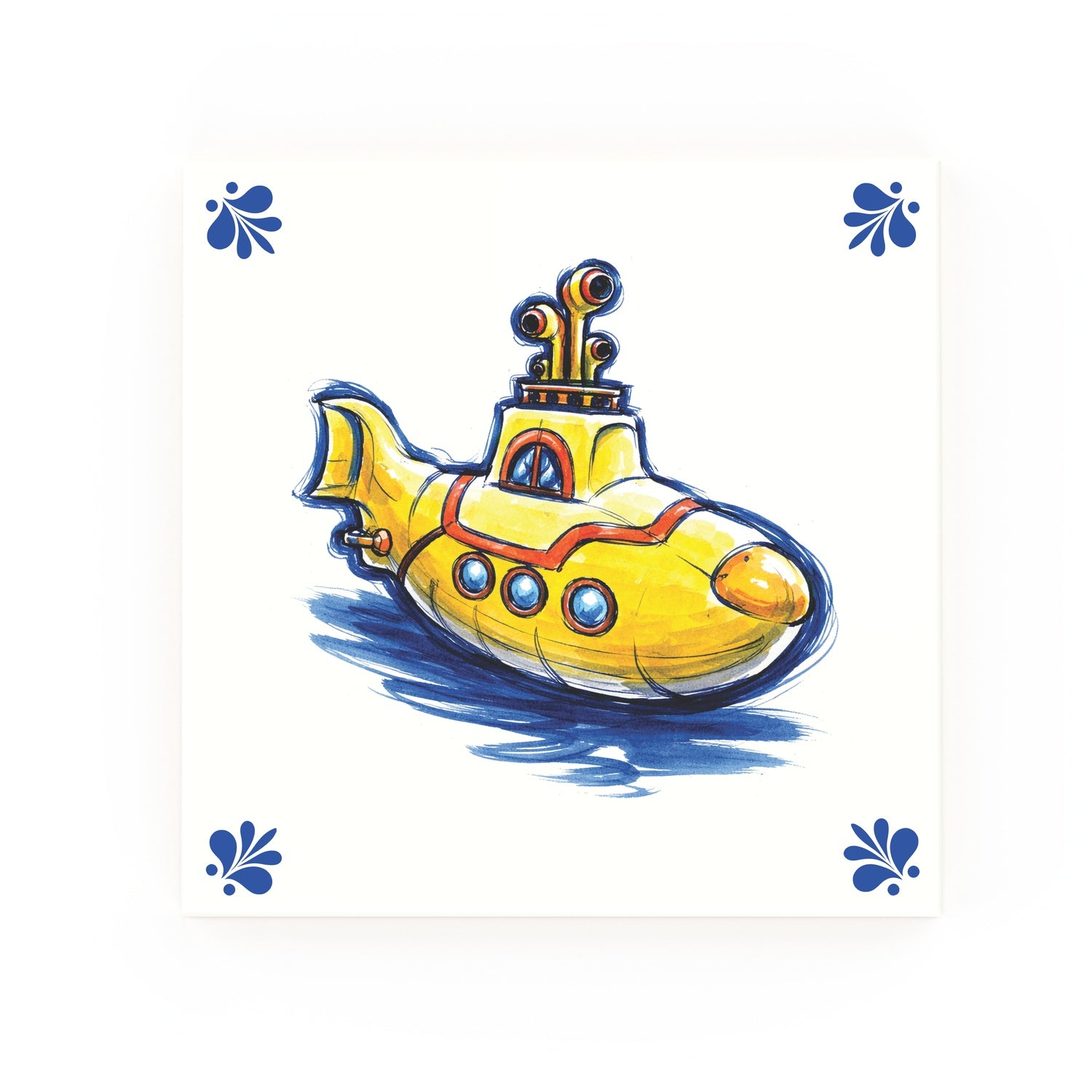 Yellow Submarine decorative Delft blue ceramic tile – Modern corners