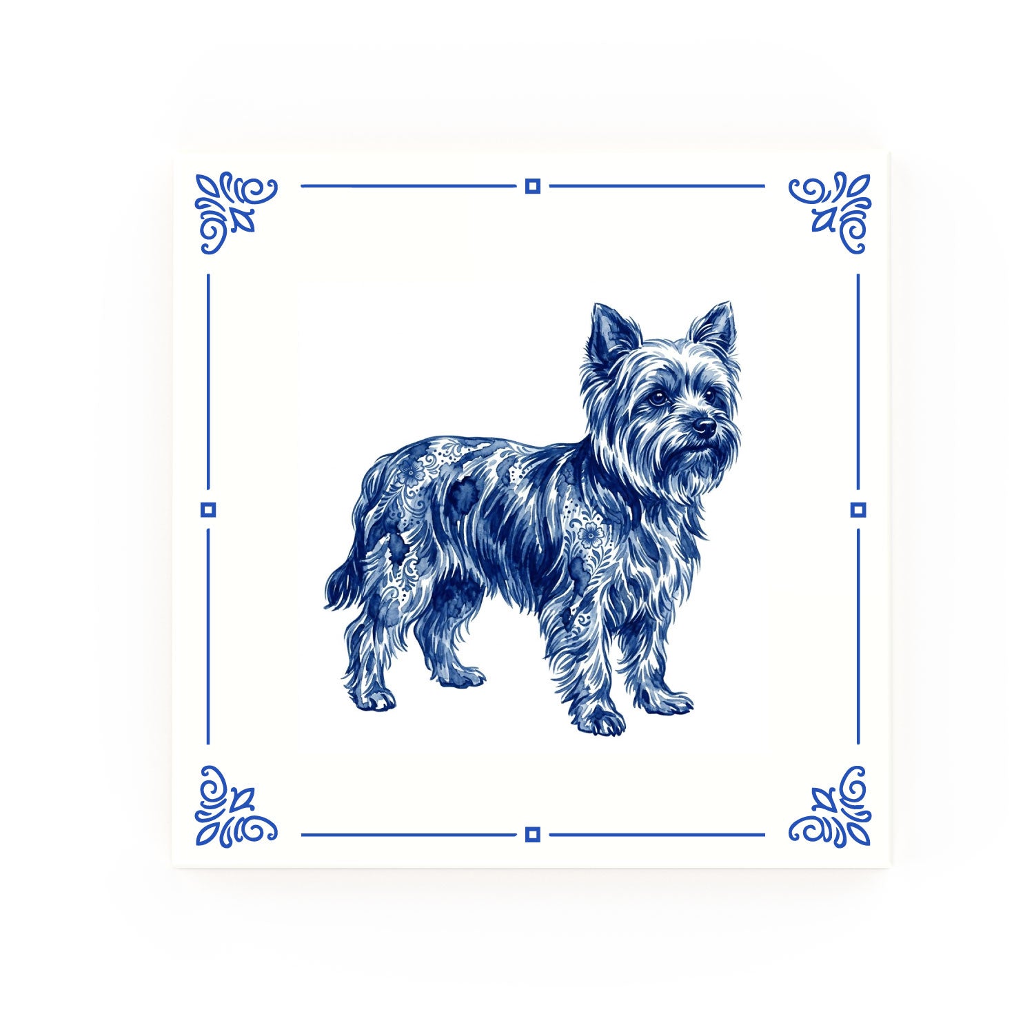 Yorkshire Terrier Delft blue decorative ceramic tile – Classic corner style