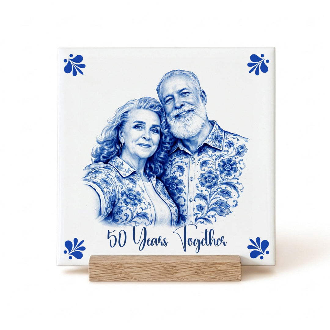 Custom anniversary ceramic tile in Delft style made from a personalised photo Main image