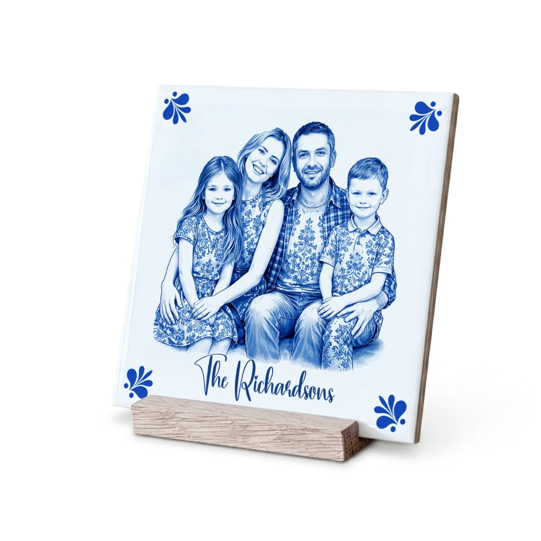 Custom family portrait ceramic tile in Delft style made from a personalised photo Main image