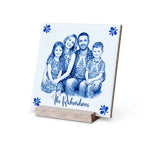 Custom family portrait ceramic tile in Delft style made from a personalised photo