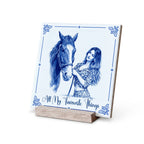 Custom horse portrait ceramic tile in Delft style made from a personalised photo