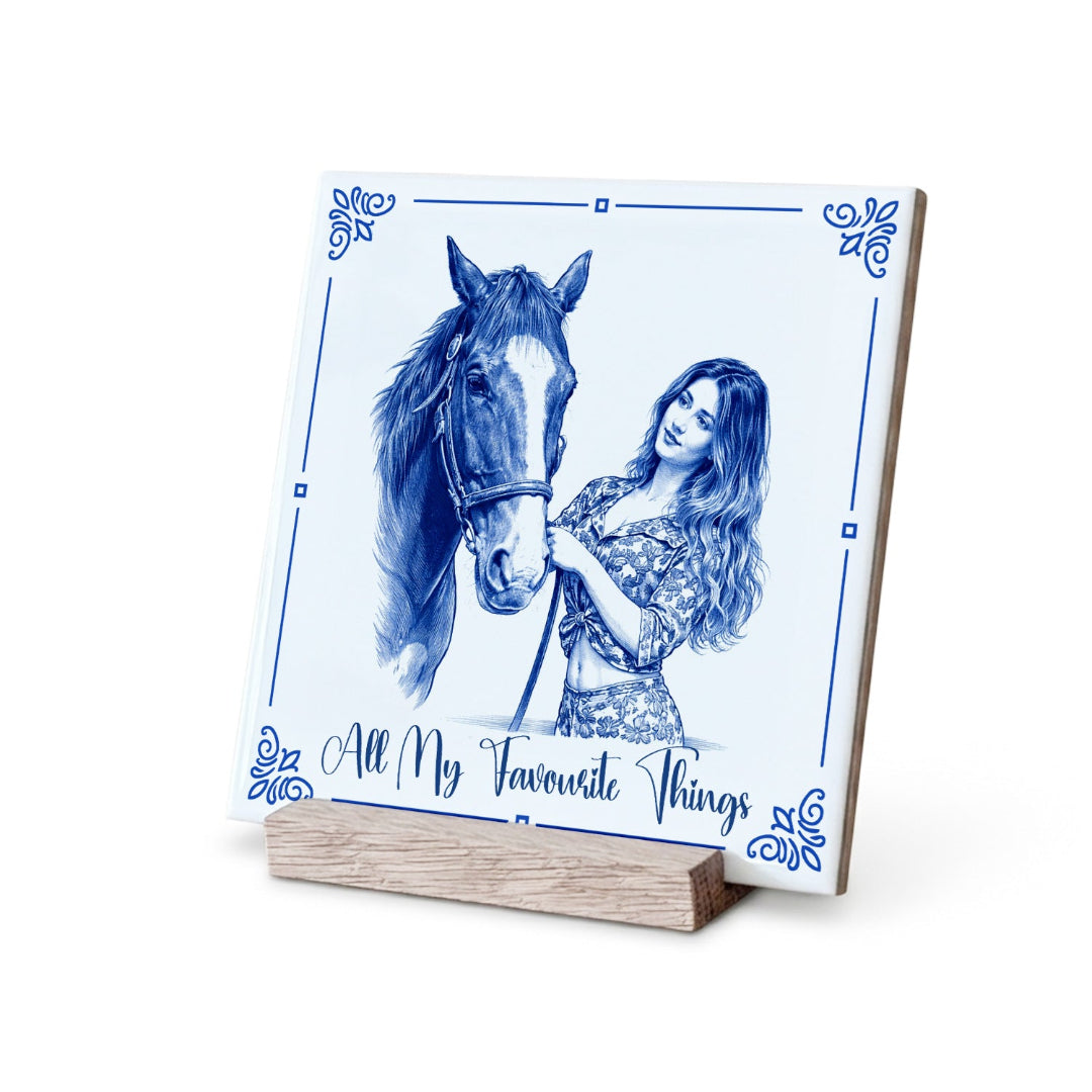 Custom horse portrait ceramic tile in Delft style made from a personalised photo