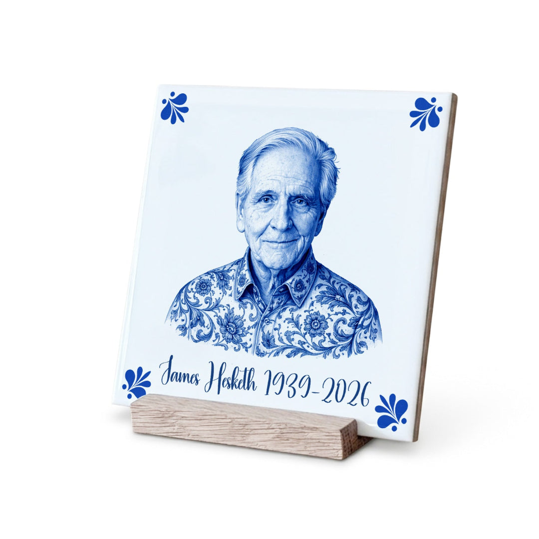 Custom memorial ceramic tile in Delft style made from a personalised photo