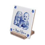 Custom new baby ceramic tile in Delft style made from a personalised photo