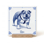 Custom pet portrait ceramic tile in Delft style made from a personalised photo