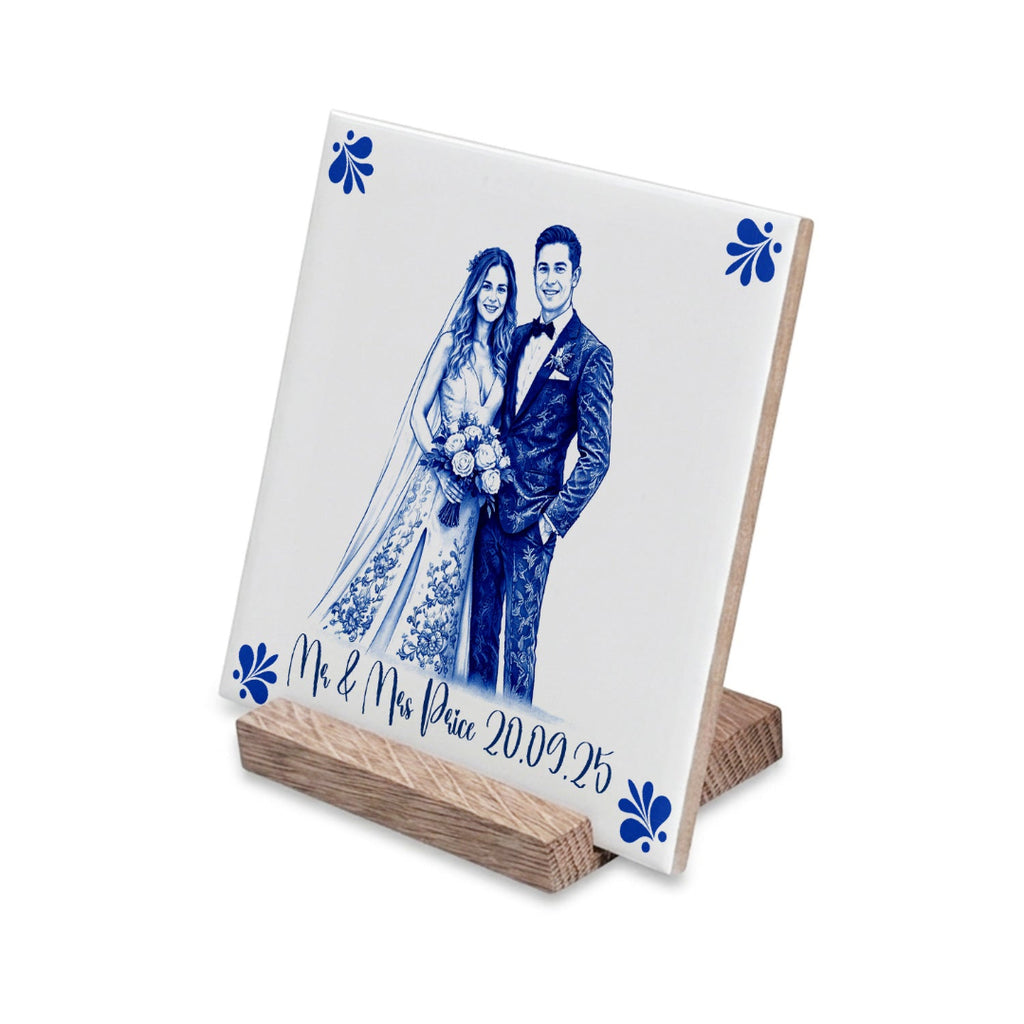Custom wedding ceramic tile in Delft style made from a personalised photo