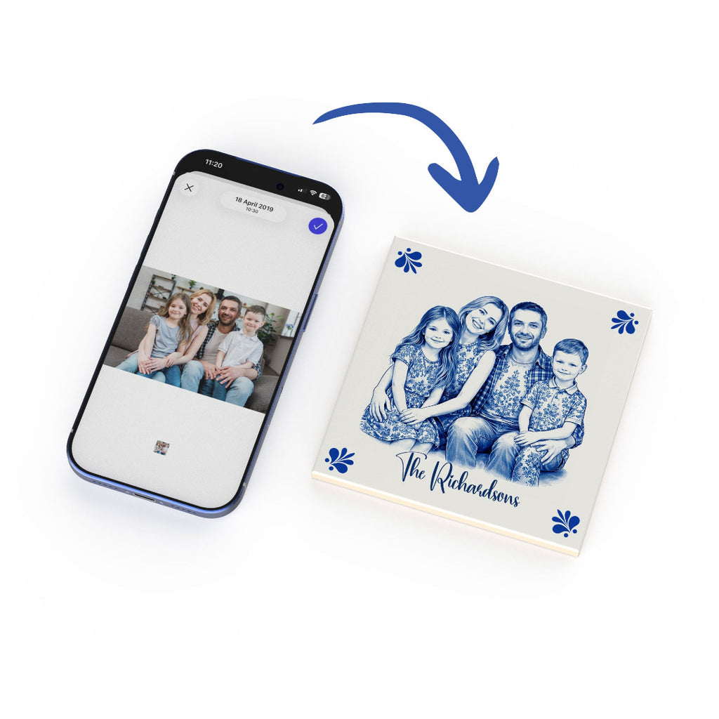 Close-up of personalised family portrait ceramic tile with glossy finish