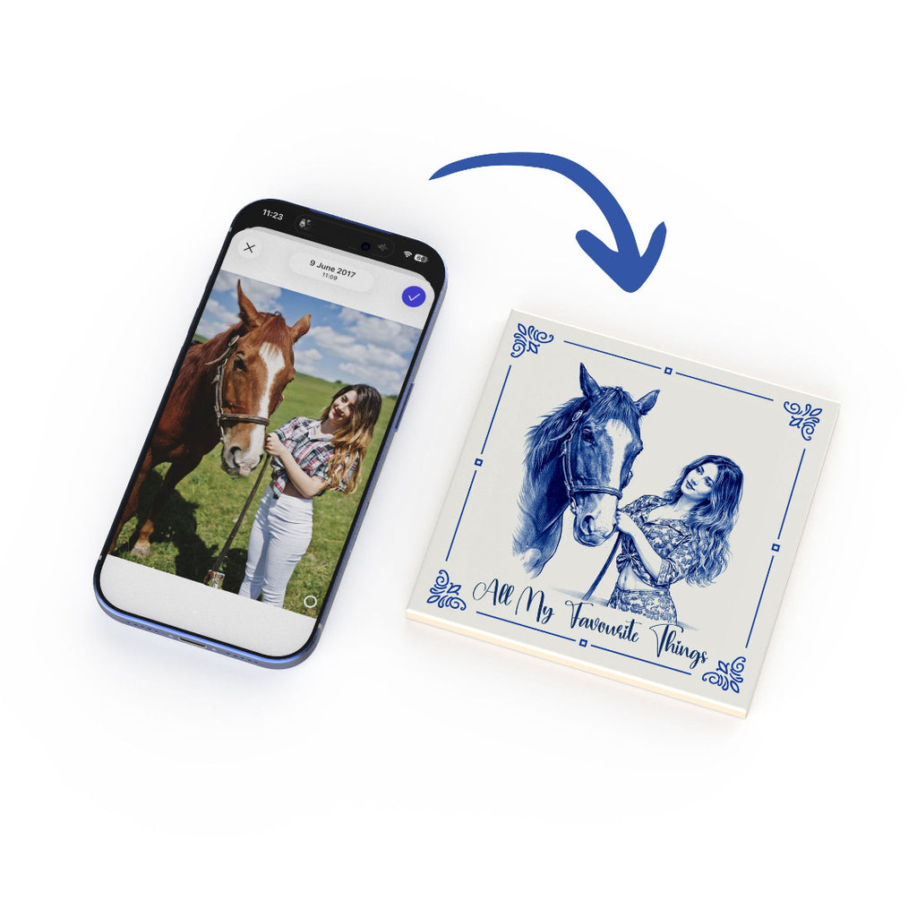 Close-up of personalised horse portrait ceramic tile with glossy finish
