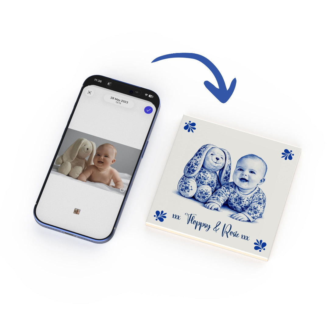 Close-up of personalised new baby ceramic tile with glossy finish