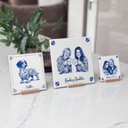 Personalised memorial tile displayed upright in classic Delft blue style