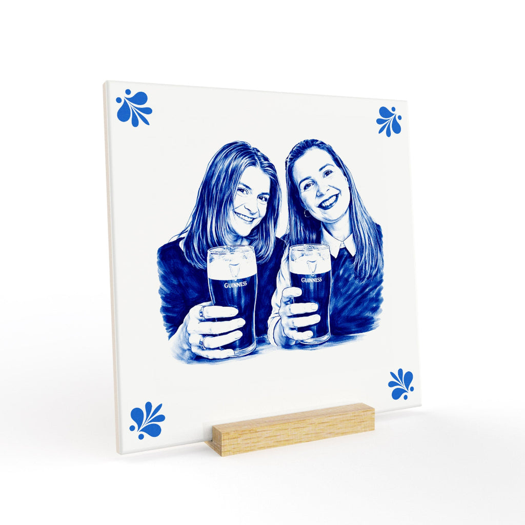 Close-up of personalised non-floral ceramic tile with glossy Delft style finish