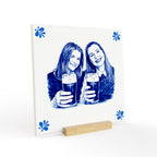 Close-up of personalised non-floral ceramic tile with glossy Delft style finish