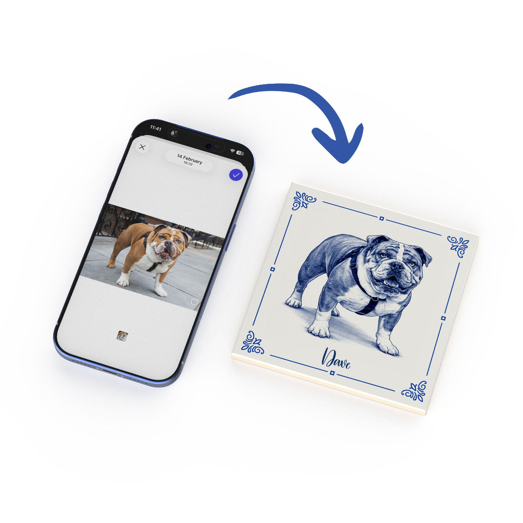 Close-up of personalised pet portrait ceramic tile with glossy finish
